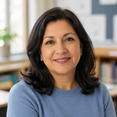 Friendly Female Teacher Classroom Headshot Portrait