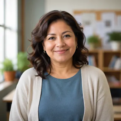 Friendly Teacher Portrait in Bright Classroom