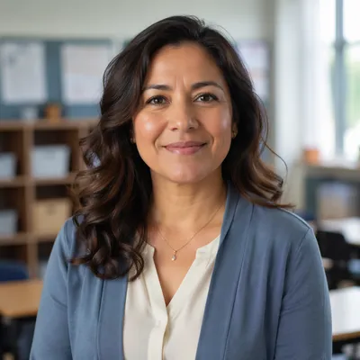 Friendly Teacher Portrait in Modern Classroom