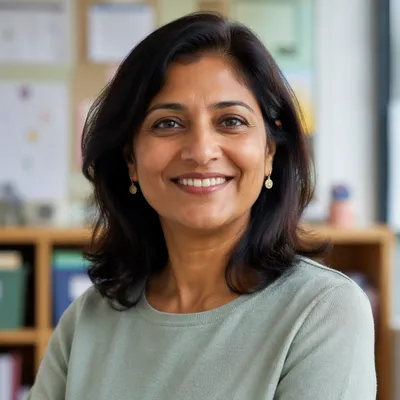 Friendly Female Teacher Classroom Headshot Portrait