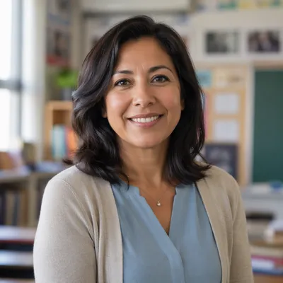Friendly Teacher Portrait in Bright Classroom