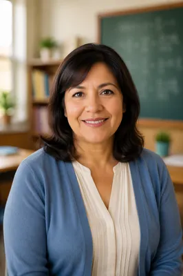 Friendly Teacher Portrait in Bright Classroom
