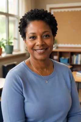 Friendly Teacher Portrait in Bright Classroom