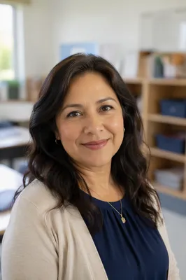 Friendly Teacher Portrait in Modern Classroom