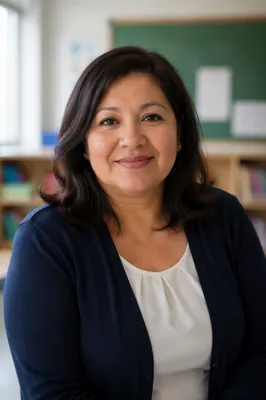 Friendly Teacher Portrait in Bright Classroom