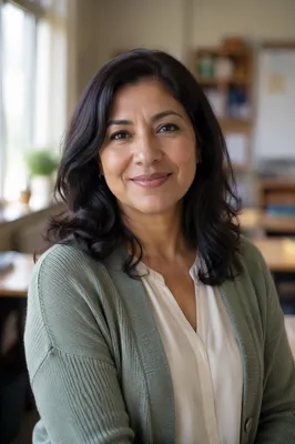 Friendly Teacher Portrait in Bright Classroom