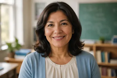 Friendly Female Teacher Classroom Headshot Portrait