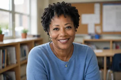 Friendly Teacher Portrait in Bright Classroom