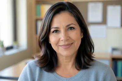 Friendly Female Teacher Classroom Headshot Portrait