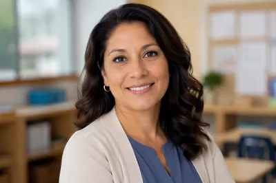 Friendly Teacher Portrait in Modern Classroom
