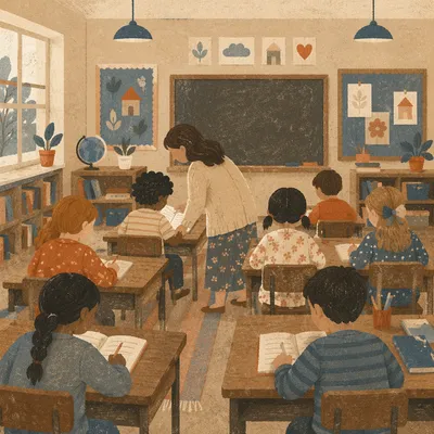Teacher Assisting Student in Calm Classroom