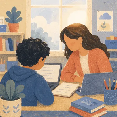 Supportive Teacher Guiding Student in Classroom