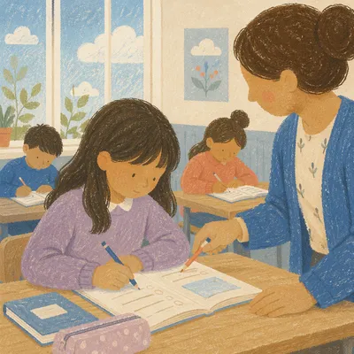 Teacher Helping Student in Bright Classroom