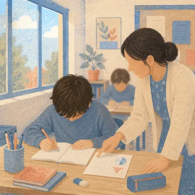 Teacher Guiding Student in Bright Classroom