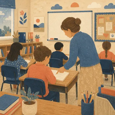 Teacher Guiding Student in Calm Classroom