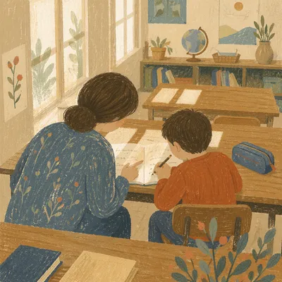 Teacher Guiding Student in Sunlit Classroom