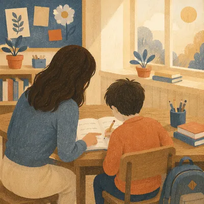 Teacher Helping Student at Classroom Desk