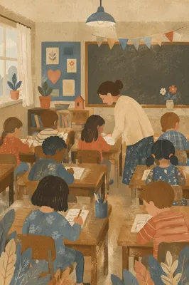 Teacher Assisting Student in Calm Classroom