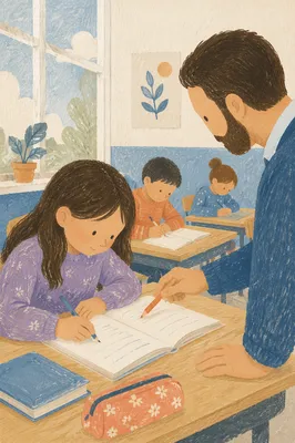 Teacher Helping Student in Bright Classroom