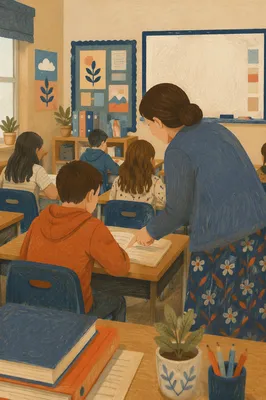Teacher Guiding Student in Calm Classroom
