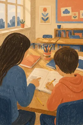 Teacher Guiding Student at Classroom Desk