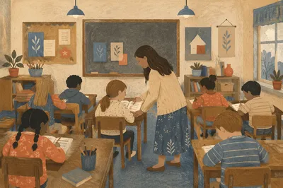 Teacher Assisting Student in Calm Classroom