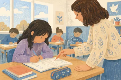 Teacher Assisting Student in Bright Classroom