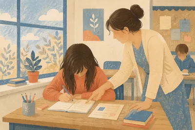 Teacher Supporting Student in Bright Classroom