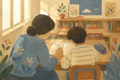 Teacher Helping Student in Sunlit Classroom