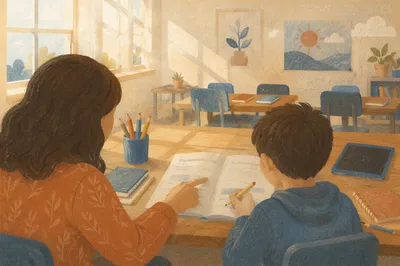 Teacher Guiding Student at Classroom Desk