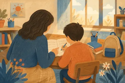 Teacher Guiding Student at Classroom Desk