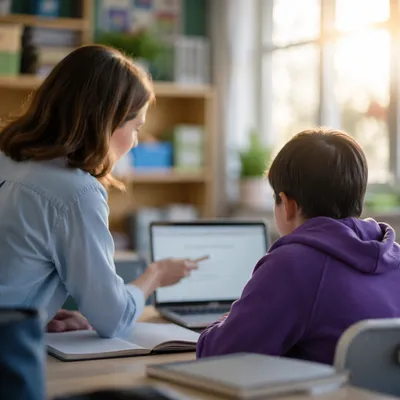 Teacher Supporting Student in Bright Classroom