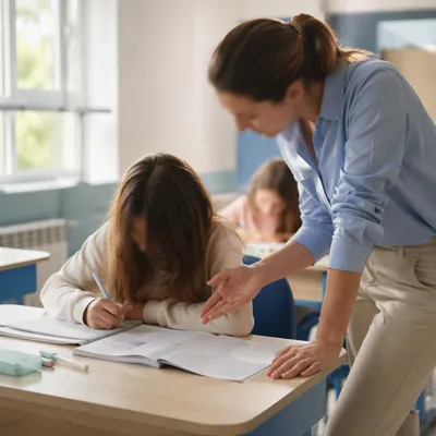 Teacher Assisting Student in Bright Classroom