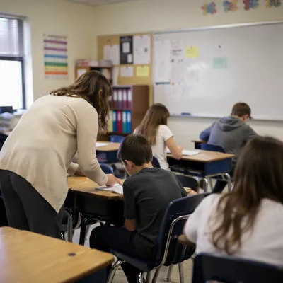 Teacher Guiding Student in Calm Classroom