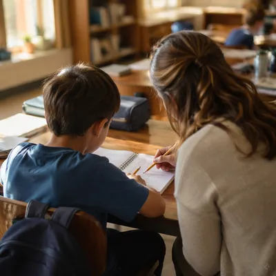 Teacher Helping Student in Calm Classroom