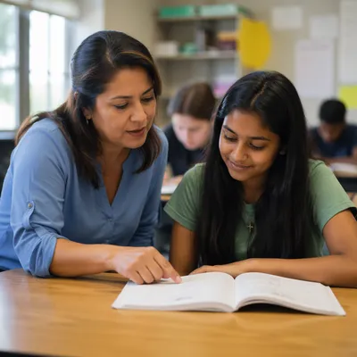 Teacher Guiding Student in Bright Classroom