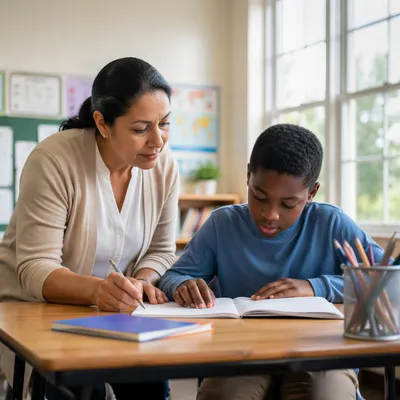 Teacher Helping Student at Classroom Desk