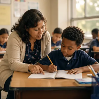 Teacher Helping Student at Classroom Desk