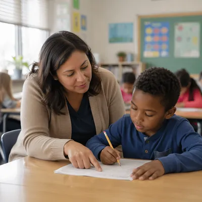 Teacher Helping Student at Classroom Desk