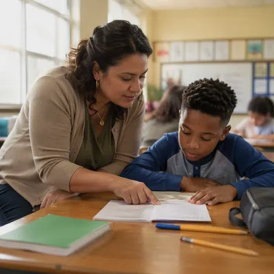 Teacher Helping Student with Math Worksheet