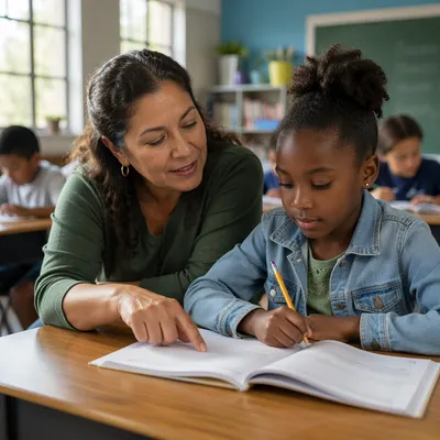 Teacher Helping Student in Bright Classroom
