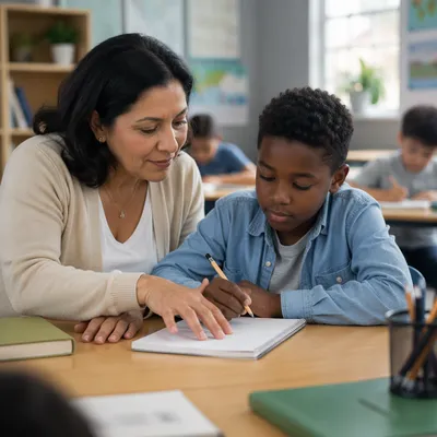 Teacher Helping Student at Classroom Desk