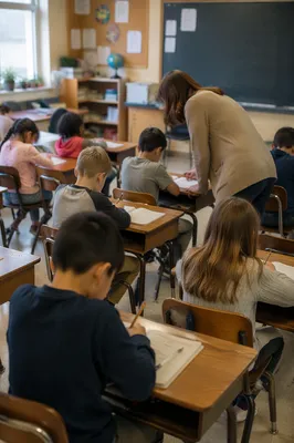 Teacher Assisting Student in Calm Classroom
