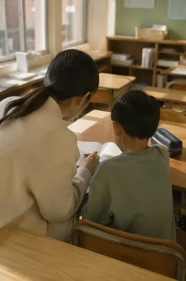 Teacher Helping Student in Warm Classroom