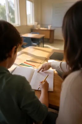 Teacher Guiding Student at Classroom Desk