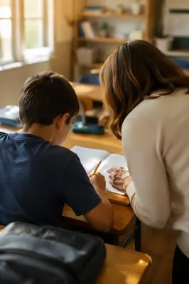Teacher Supporting Student in Sunlit Classroom