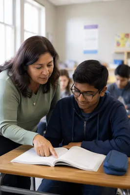 Teacher Helping Student at Classroom Desk