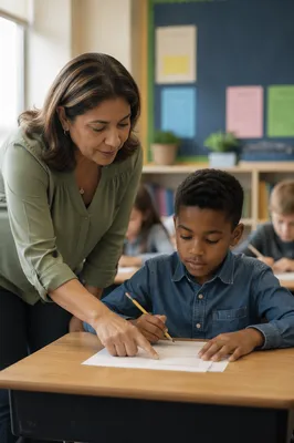 Teacher Helping Student at Classroom Desk