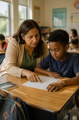 Teacher Helping Student with Math Worksheet