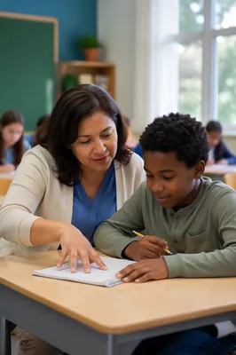 Teacher Helping Student at Classroom Desk